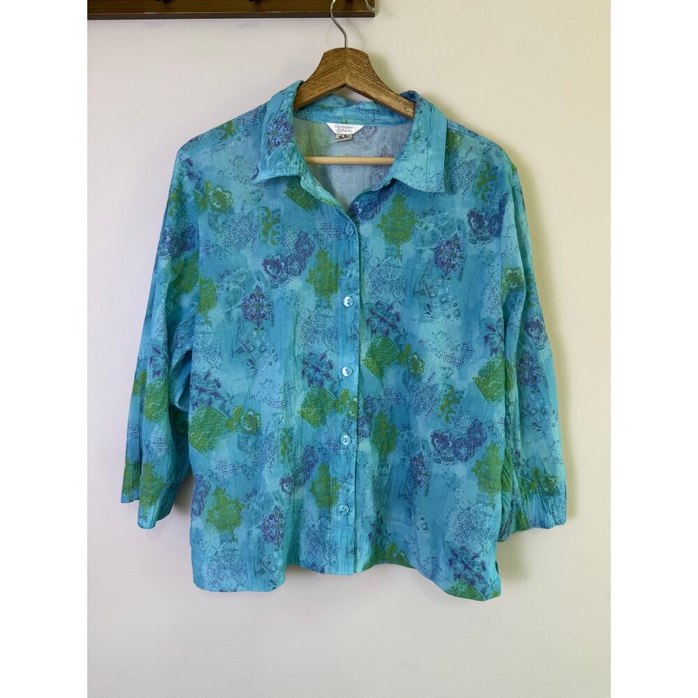 Christopher & Banks 2006 Aqua Blue Printed Button Front Blouse Women’s Large